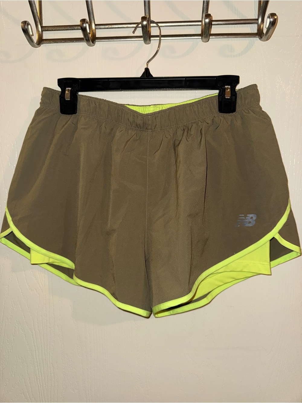 New Balance Olive Athletic Shorts with Neon Yellow Trim